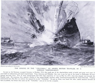 El hundimiento del Columbia, un arrastrero británico armado, por un torpedero alemán en la costa inglesa, octubre de 1914 de Charles Edward Dixon